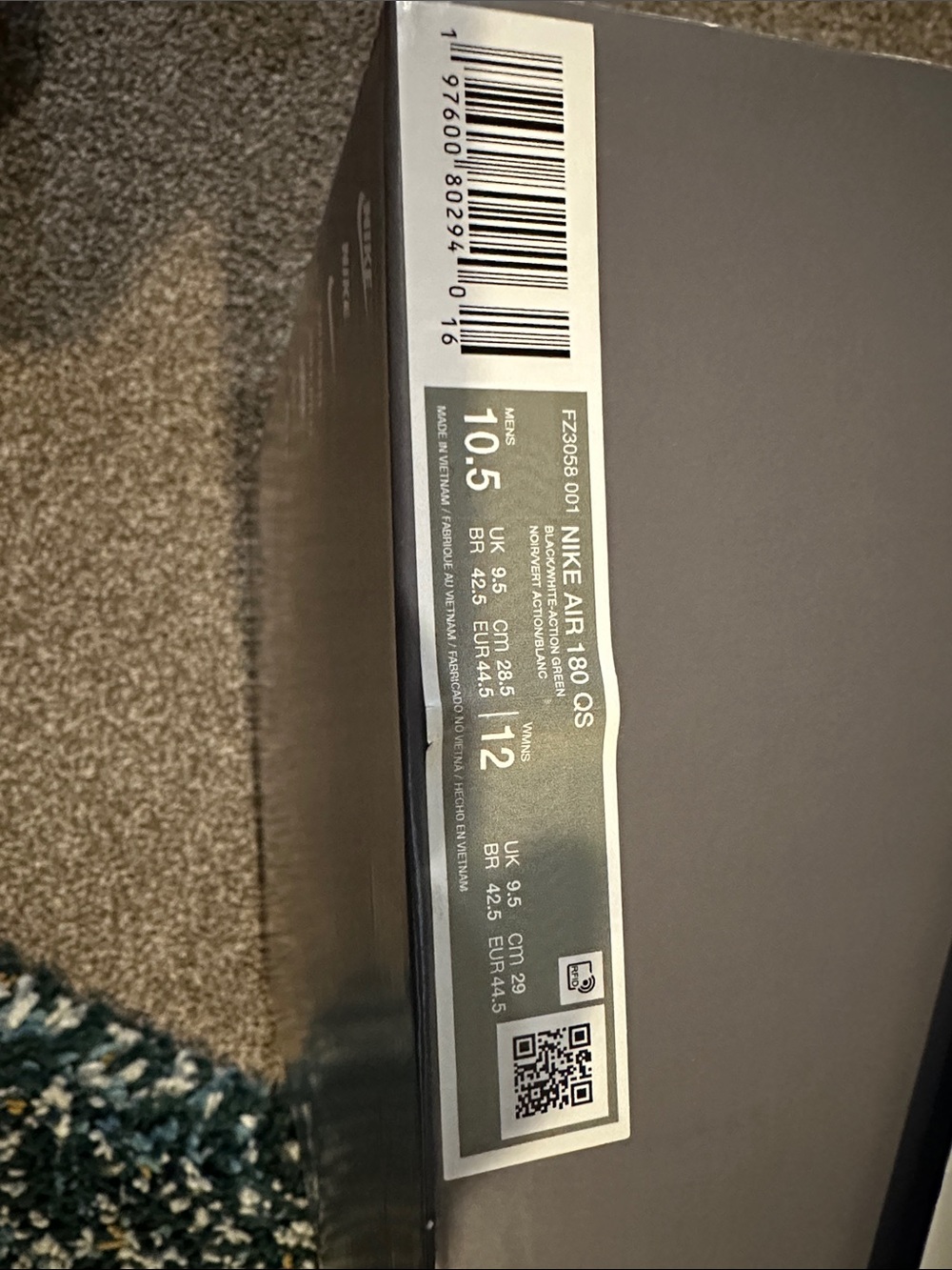 Nike Gray Shoe Box Label Featuring Size and Model Info